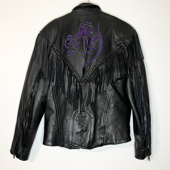 SHAF Leather Collections Black Fringe Purple Roses Jacket Iron Horse 96 Size XXL - Picture 2 of 16